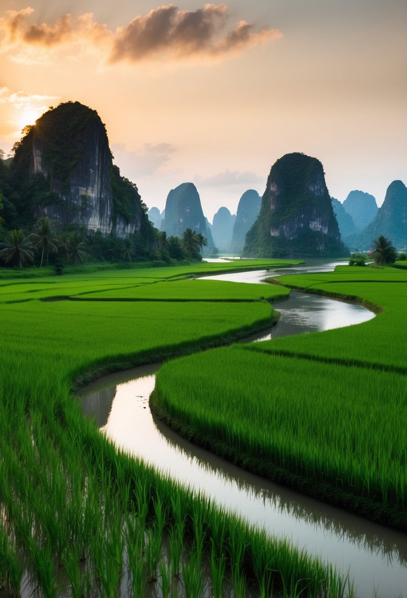 Lush green rice fields surrounded by limestone karsts in Ninh Binh, Vietnam. A tranquil river winds through the countryside, creating a serene and romantic atmosphere for honeymooners