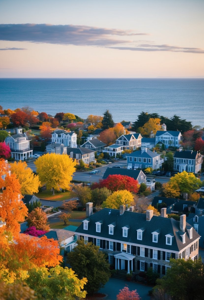 A cozy coastal town with colorful foliage, historic mansions, and scenic ocean views