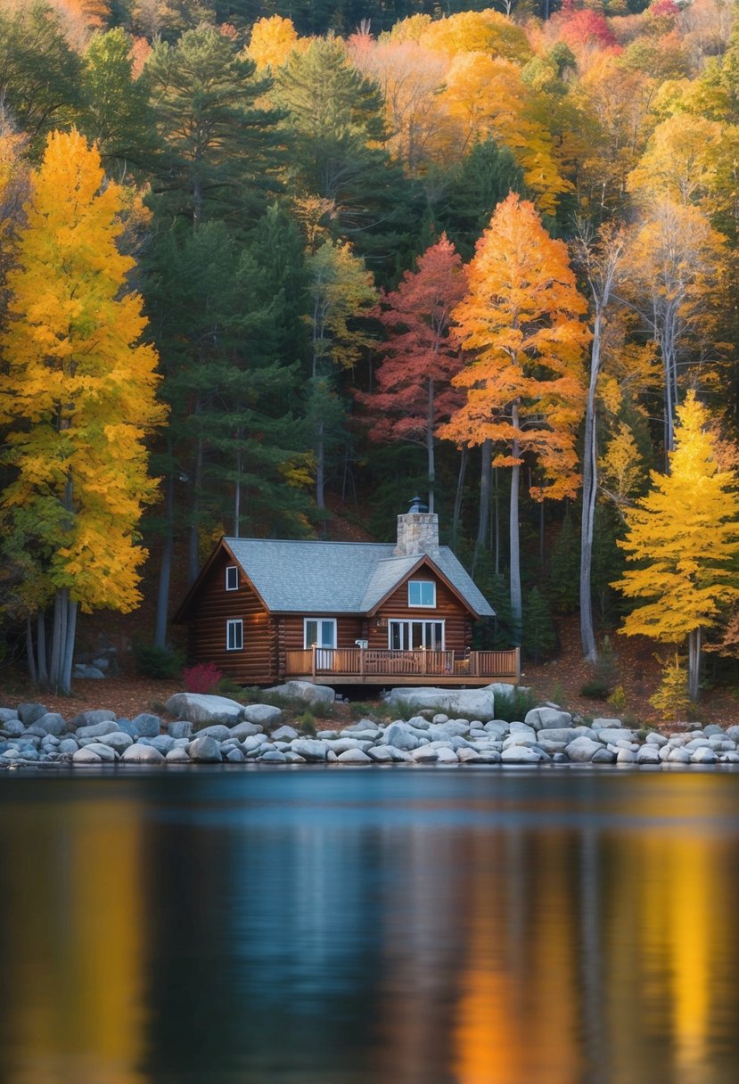A cozy cabin nestled among colorful autumn trees in Door County, Wisconsin, with a serene lake in the background