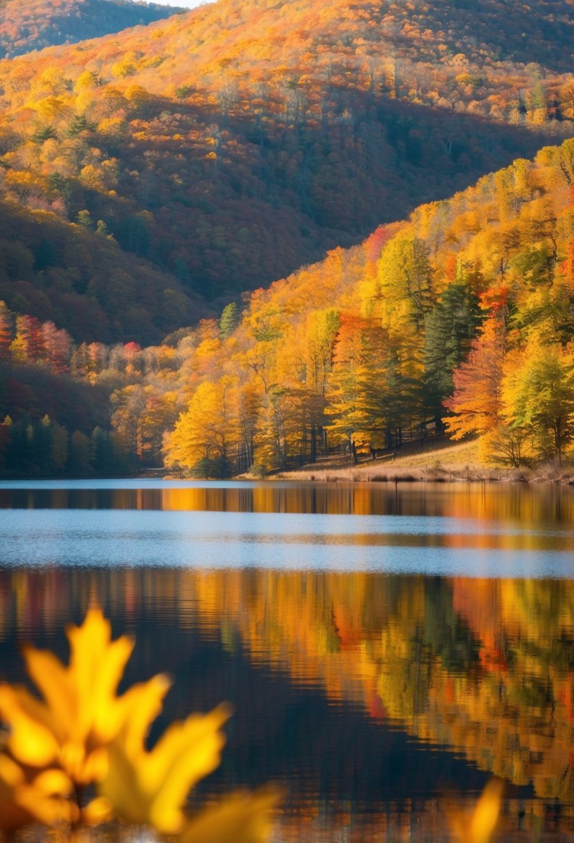 Vibrant foliage blankets the rolling hills of the Pocono Mountains, with a serene lake reflecting the warm autumn colors. The crisp air carries the scent of pine and the sound of rustling leaves