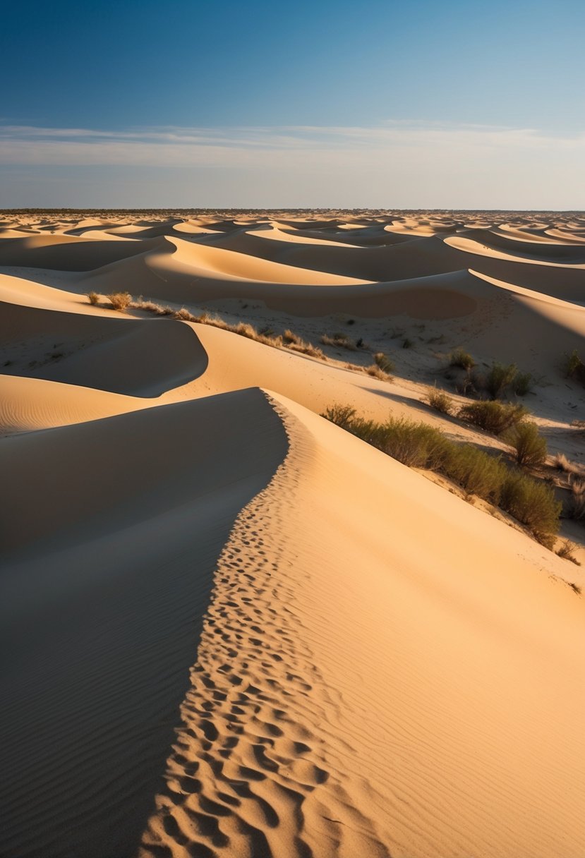 Golden sand dunes stretch across the horizon under a clear blue sky, with sparse vegetation and a tranquil atmosphere