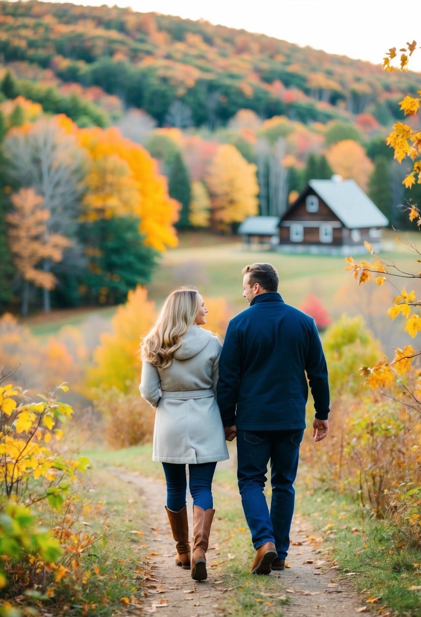 A couple strolling through a colorful autumn landscape of New England, with leaves changing and a cozy cabin in the background