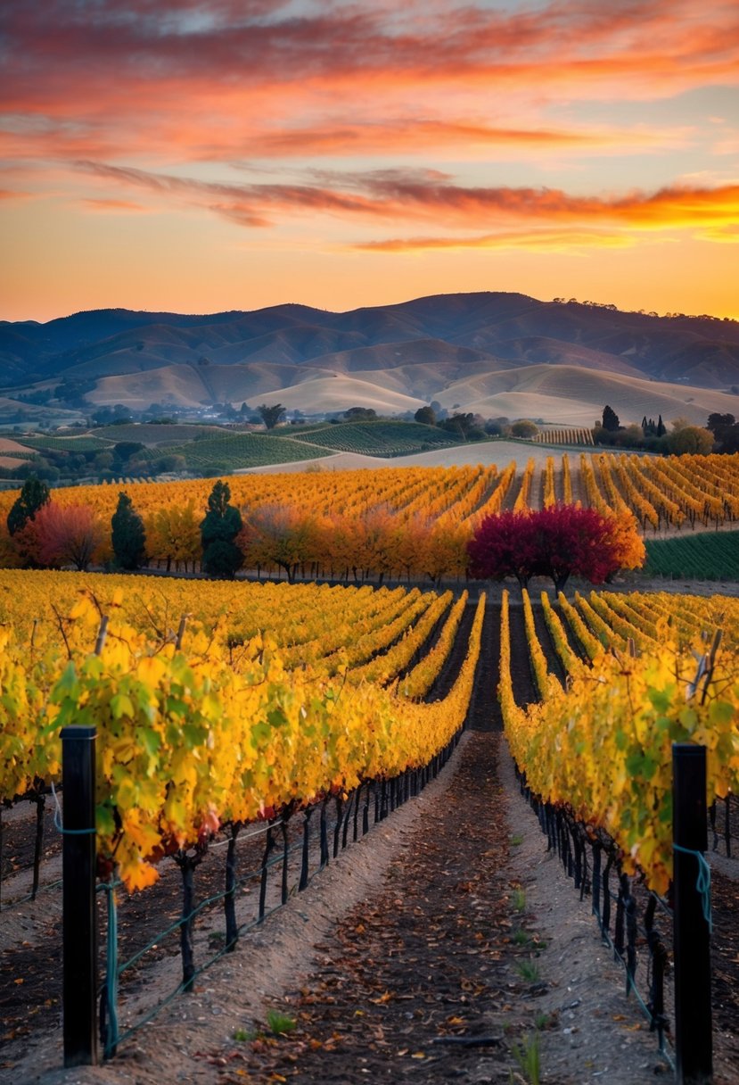 A vineyard in Napa Valley, California, with colorful autumn foliage and a romantic sunset over the rolling hills