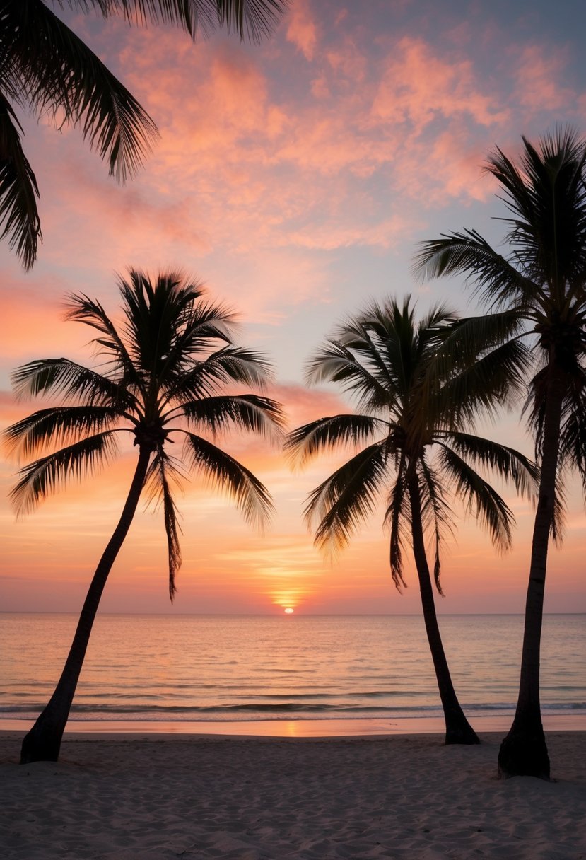 A serene beach at sunset, with palm trees swaying in the warm breeze and the ocean reflecting the orange and pink hues of the sky