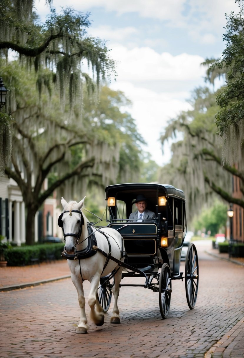 A horse-drawn carriage rides through the historic streets of Savannah, Georgia, passing by charming cobblestone squares and moss-draped oak trees