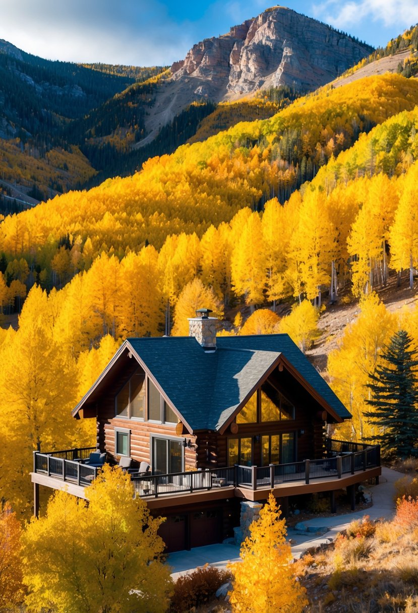 A cozy cabin nestled among vibrant autumn foliage in the mountains of Aspen, Colorado. The golden leaves create a picturesque backdrop for a romantic honeymoon getaway in October