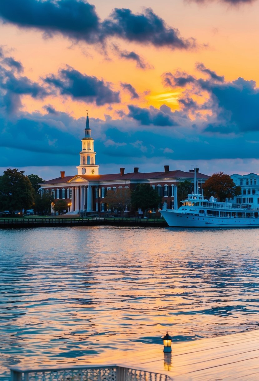 A scenic view of Charleston's historic waterfront at sunset in October