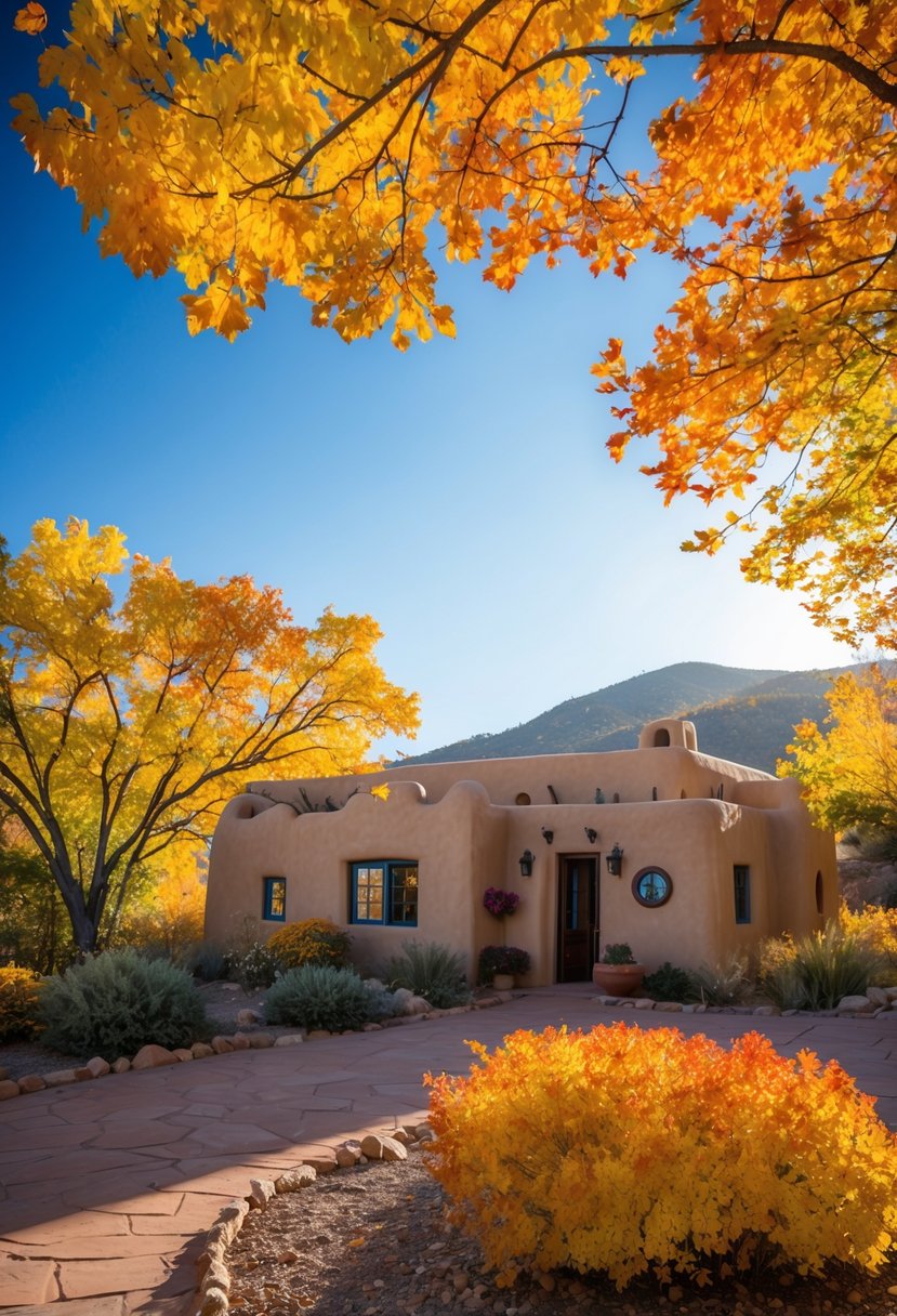 A cozy adobe casita nestled among vibrant autumn foliage in Santa Fe, New Mexico. The clear blue sky and warm sunlight create a picturesque setting for a romantic honeymoon getaway in October