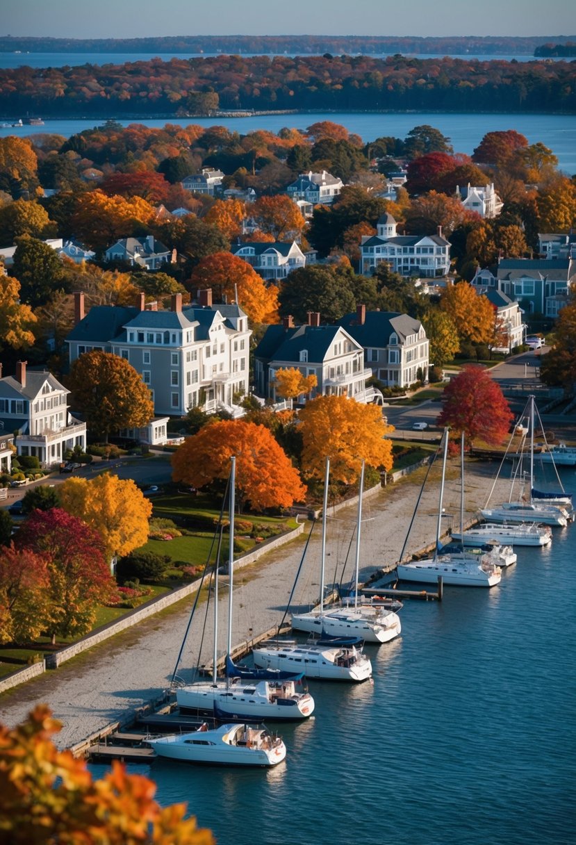 A picturesque coastal town in October, with colorful foliage, historic mansions, and sailboats in Newport, Rhode Island, USA