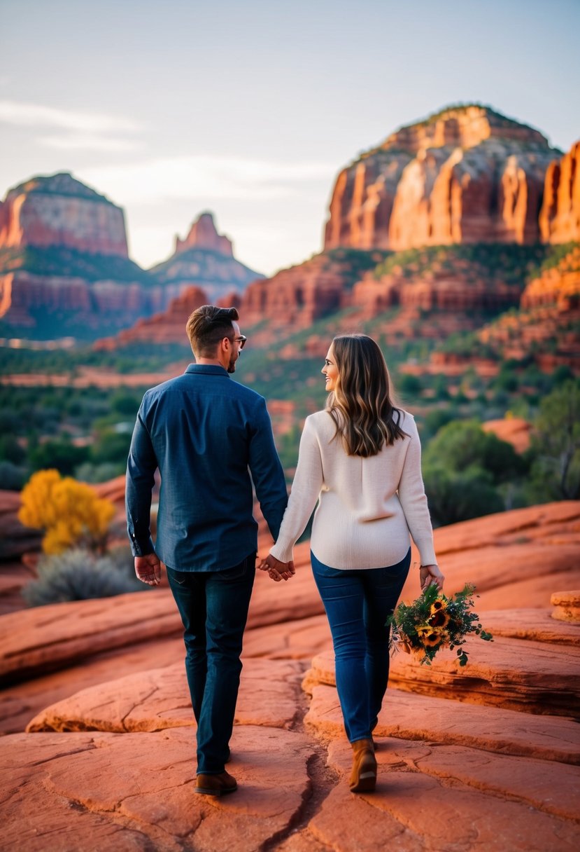 A couple walks hand in hand through the vibrant red rock landscape of Sedona, Arizona in the warm October sunlight