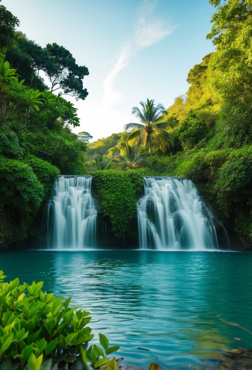 A secluded waterfall cascades into a tranquil pool surrounded by lush greenery, creating a romantic setting for a honeymoon getaway