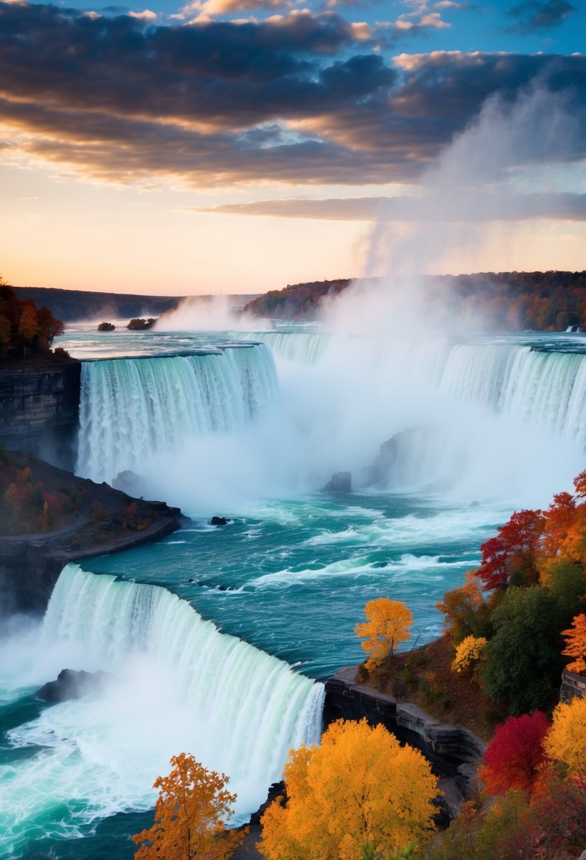 Majestic Niagara Falls in October, with vibrant autumn foliage and mist rising from the cascading water