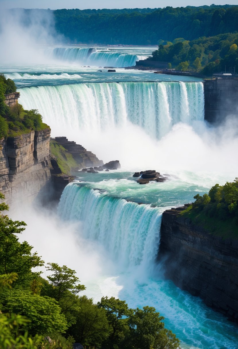 The powerful Niagara Falls cascades over rocky cliffs, creating a misty and majestic scene with lush greenery surrounding the roaring waters