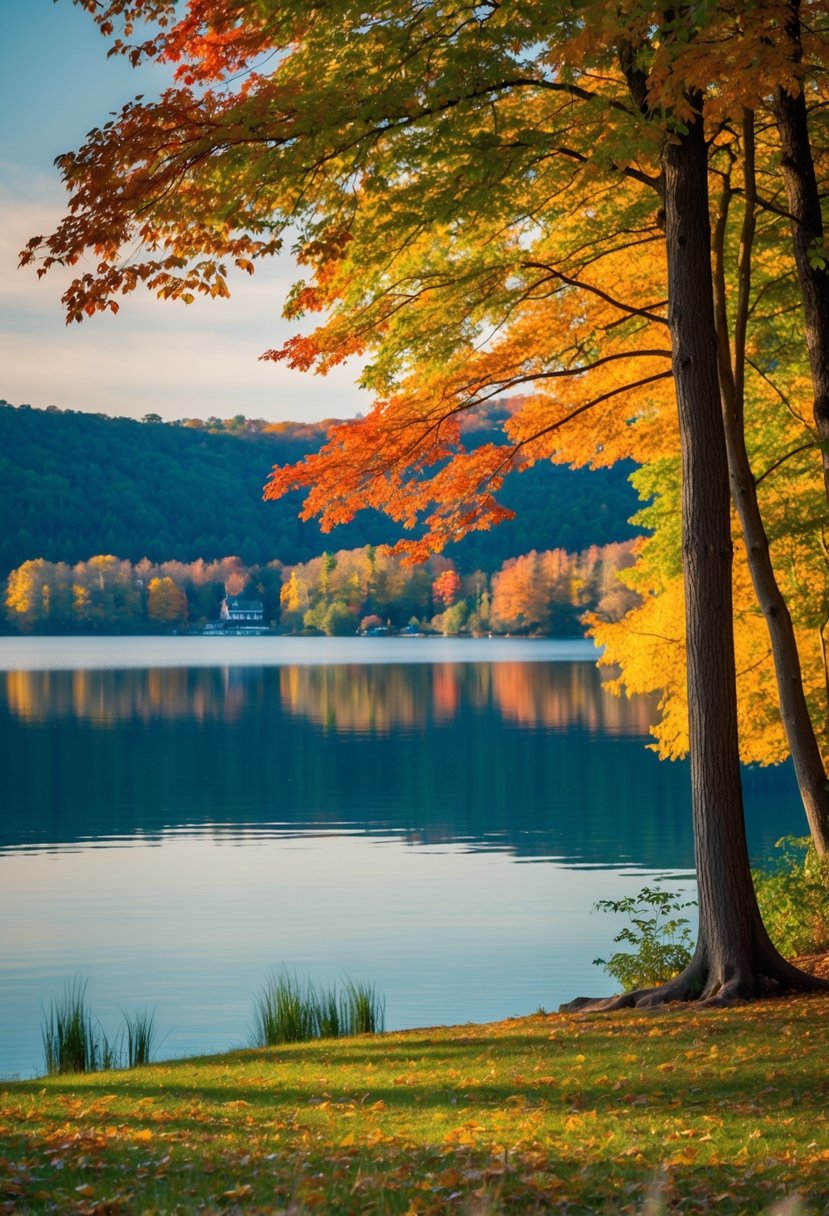 A serene lake surrounded by colorful foliage in Lake Placid, NY, with a cozy cabin nestled in the distance