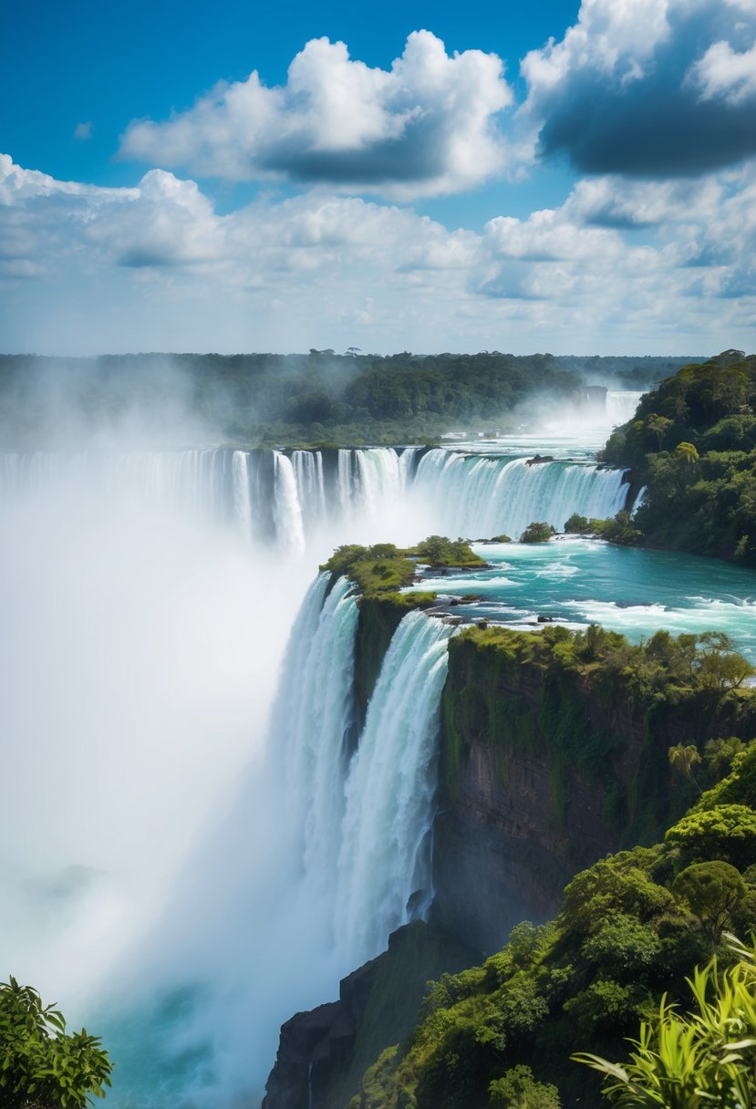 A breathtaking view of Iguazu Falls, with mist rising from the cascading water and lush greenery surrounding the majestic waterfall