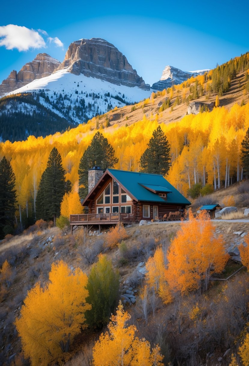 A cozy cabin nestled in the colorful autumn foliage of Jackson Hole, Wyoming, with a backdrop of snow-capped mountains and a clear blue sky
