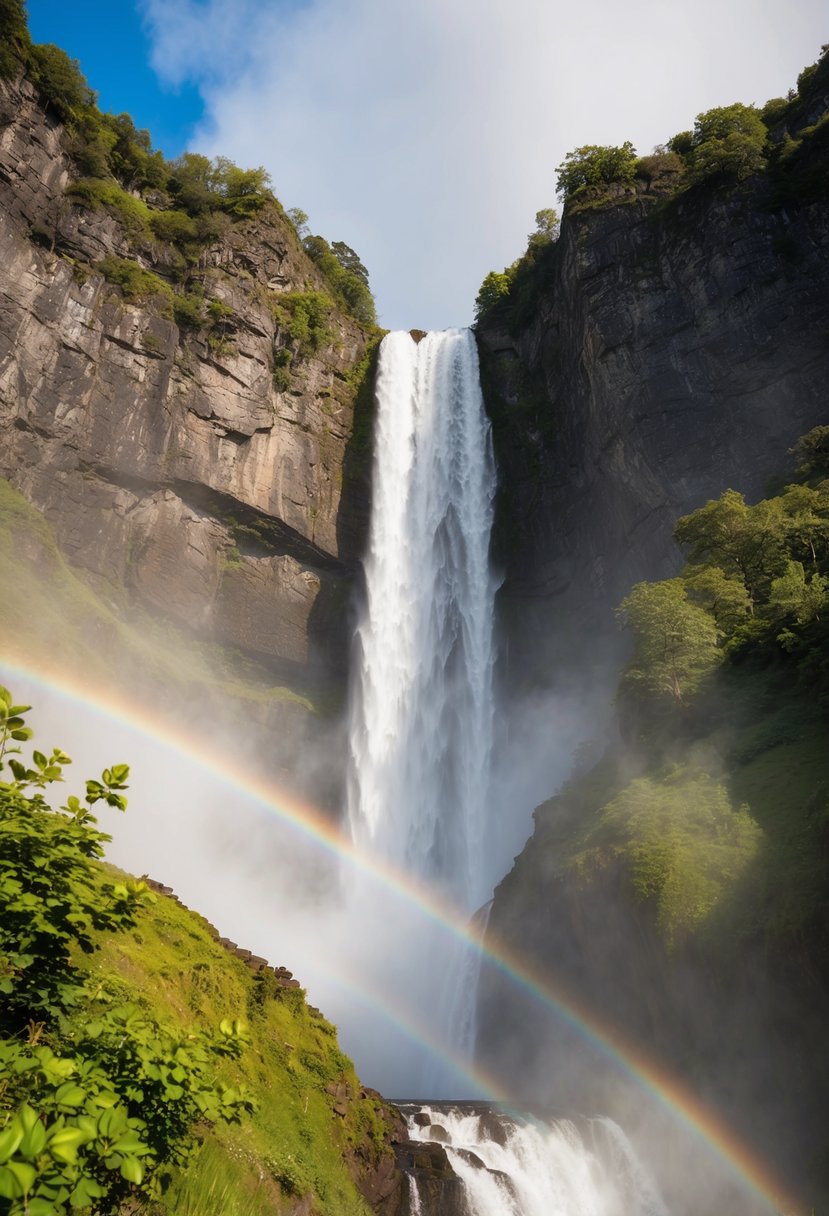 A roaring waterfall cascades down rocky cliffs, surrounded by lush greenery and mist, with a rainbow forming in the spray