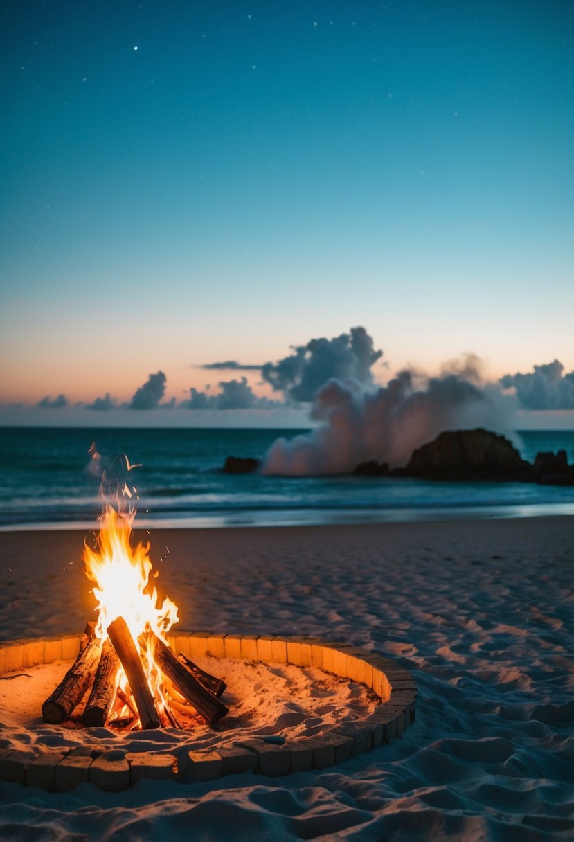 A cozy beach bonfire on a remote San Juan Island, with a clear night sky and the sound of waves crashing in the background