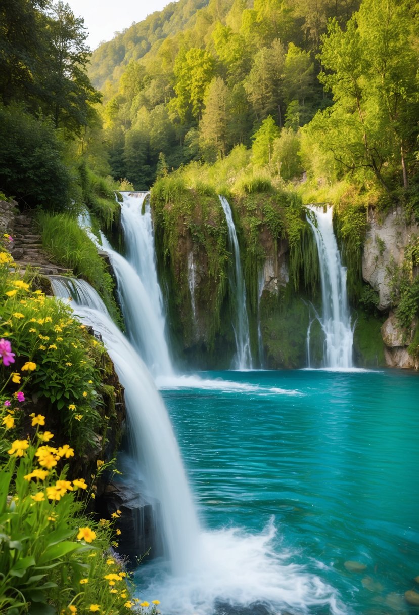 A serene waterfall cascades into the crystal-clear Plitvice Lakes, surrounded by lush greenery and colorful wildflowers