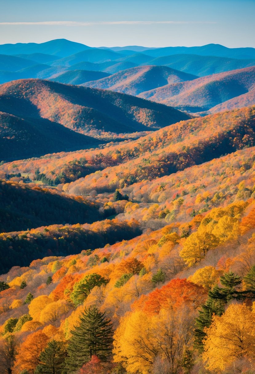 A colorful autumn landscape with rolling hills, vibrant foliage, and a clear blue sky in Shenandoah National Park, Virginia
