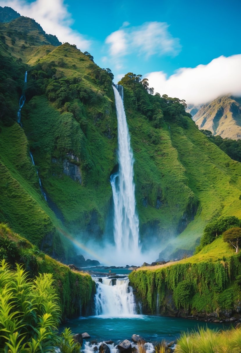 A majestic waterfall cascades down a lush, green mountainside, surrounded by pristine wilderness in New Zealand