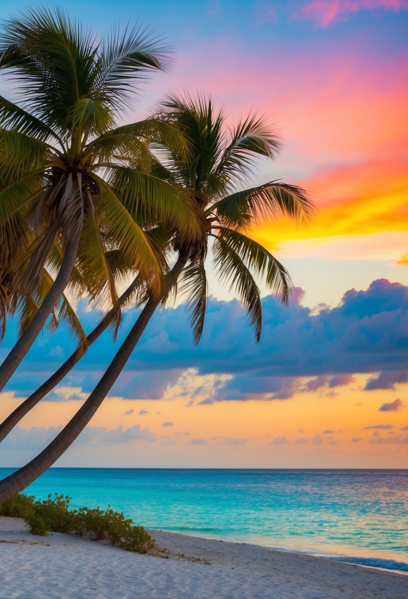 A serene beach at sunset, palm trees swaying in the warm breeze, with a colorful sky and crystal-clear water in Key West, Florida