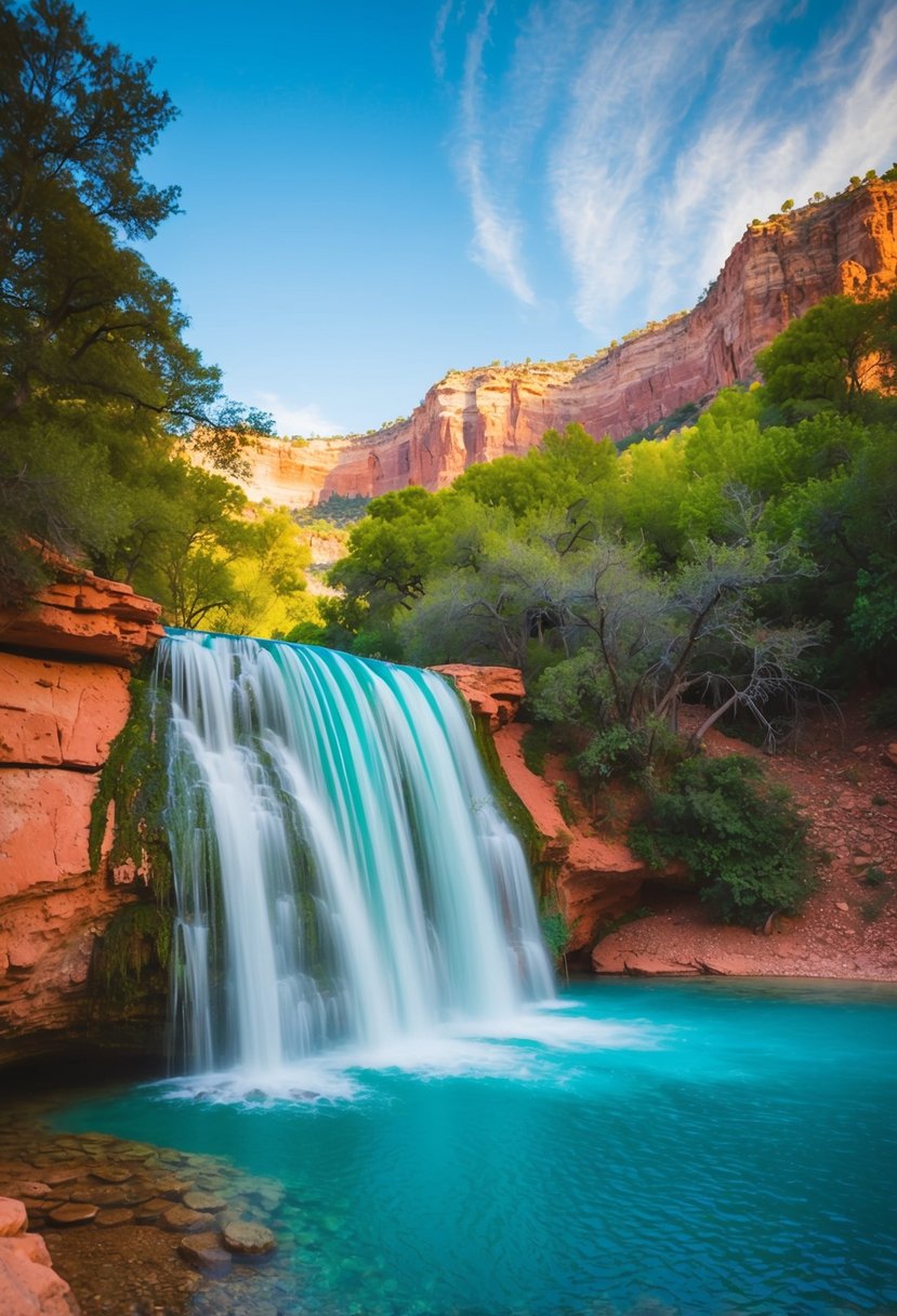 Turquoise waterfall cascading into crystal-clear pool surrounded by lush greenery and red rock formations at Havasu Falls, USA