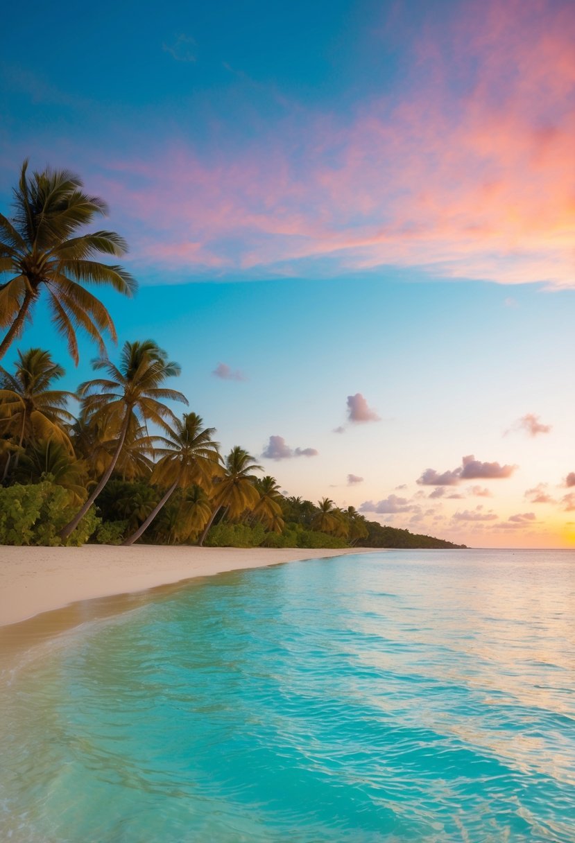 A serene beach with crystal clear turquoise waters, palm trees swaying in the gentle breeze, and a colorful sunset over the horizon