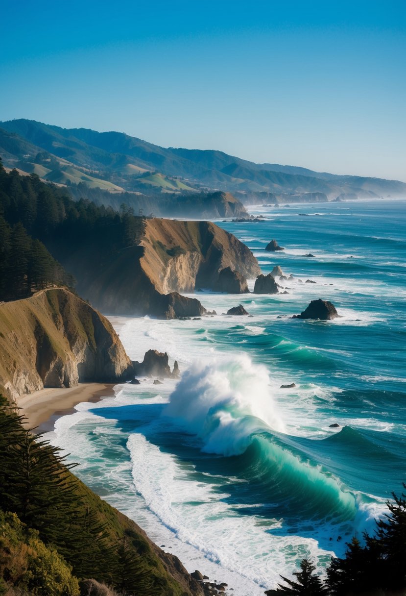 A rugged coastline with cliffs and crashing waves, surrounded by lush forests and rolling hills under a clear blue sky in Big Sur, California