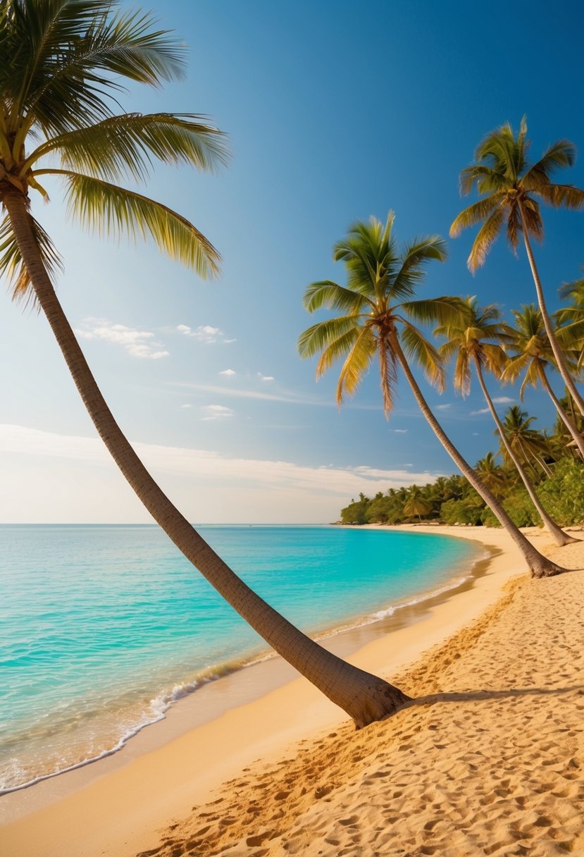 A serene beach with crystal-clear turquoise water, palm trees swaying in the gentle breeze, and golden sand stretching into the distance
