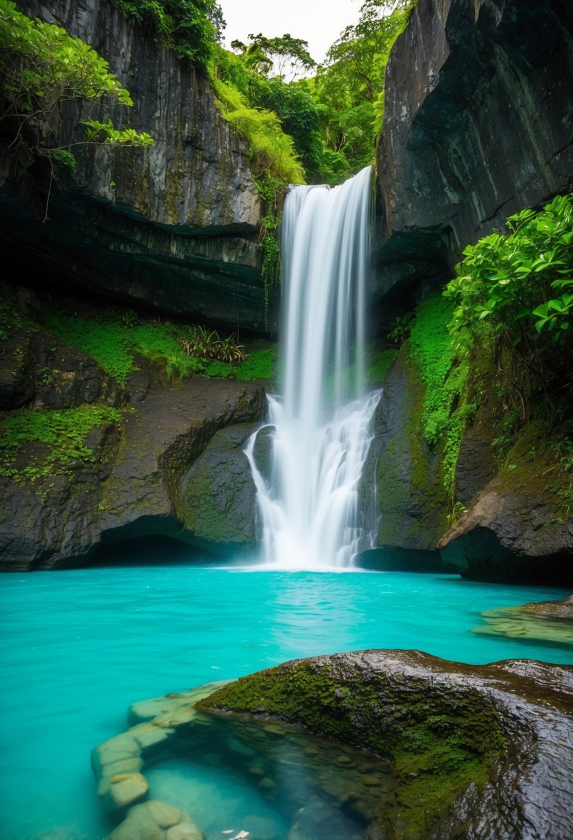 A serene waterfall cascades into a turquoise pool surrounded by lush greenery and rocky cliffs at Kawasan Falls, Philippines