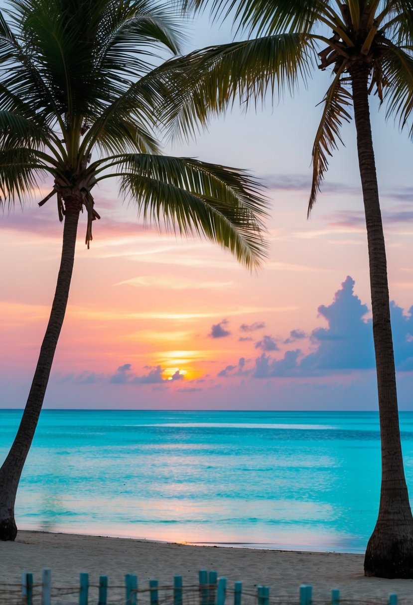 A serene beach at Nungwi Village, Zanzibar. Crystal clear waters, palm trees, and a colorful sunset create a romantic honeymoon setting