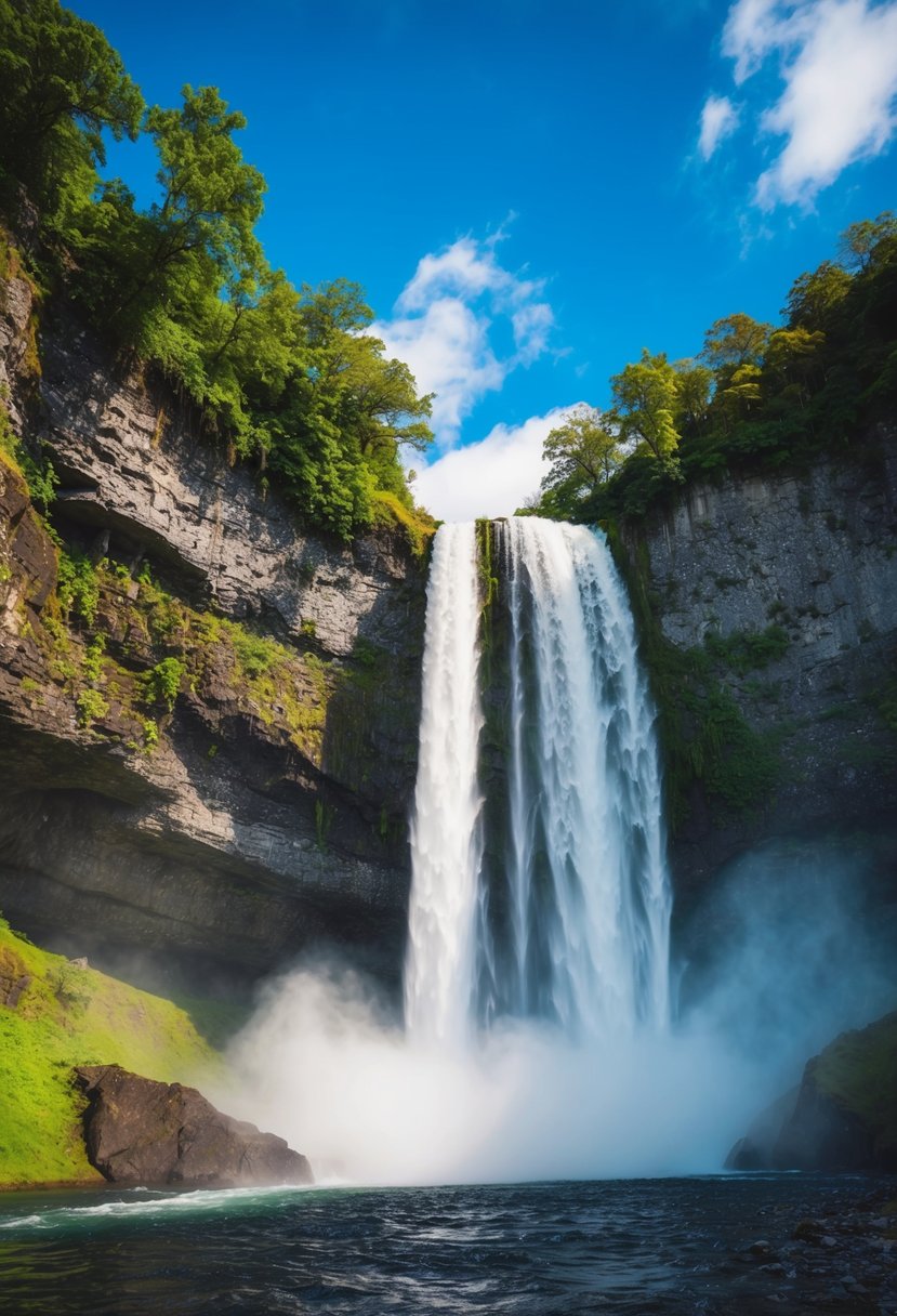 A majestic waterfall cascading over a rocky cliff, surrounded by lush greenery and misty spray, with a clear blue sky overhead