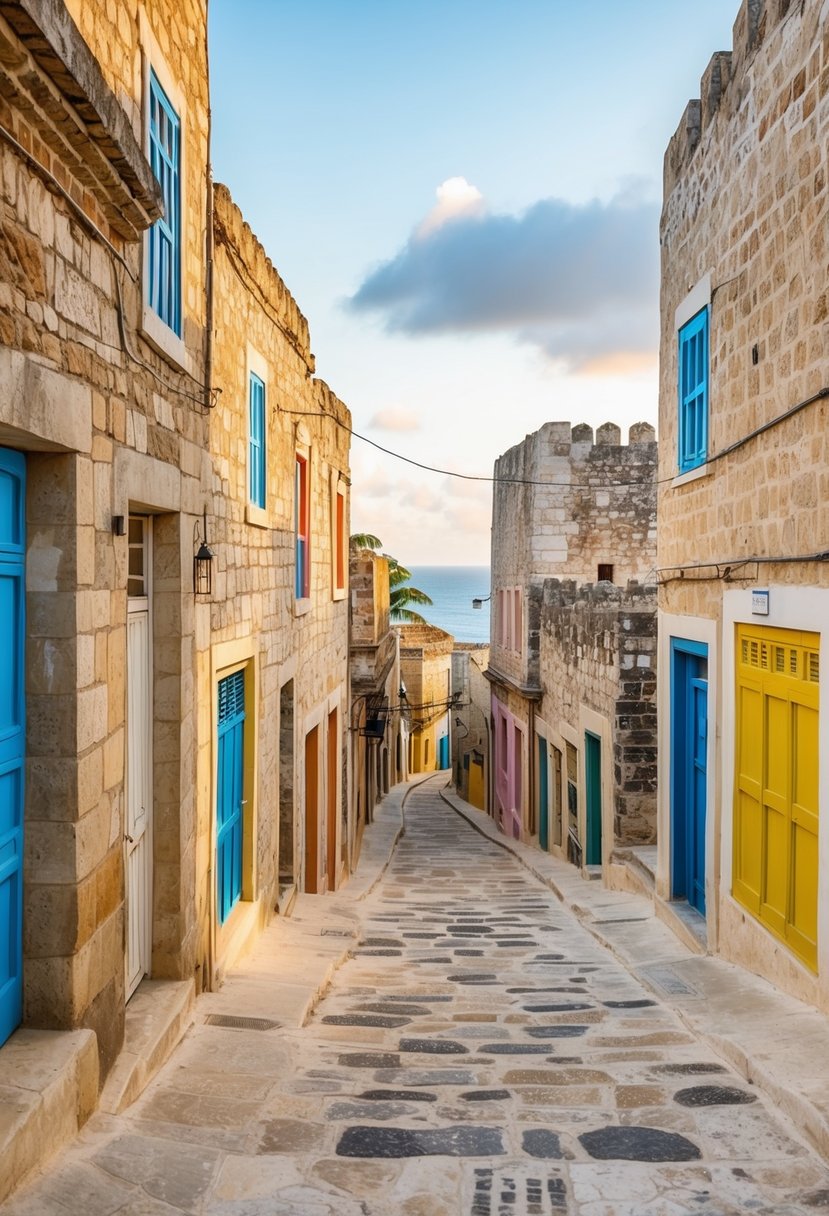 Narrow winding streets, ancient stone buildings, and colorful doors in Stone Town, Zanzibar