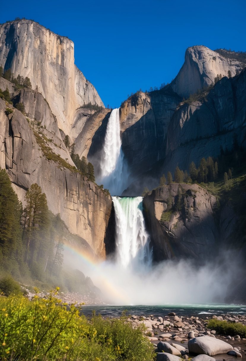 A majestic waterfall cascading down rugged cliffs in Yosemite National Park, surrounded by lush greenery and misty spray