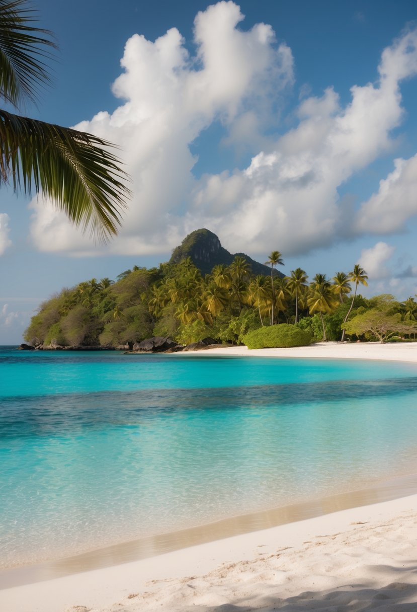 A serene beach on Mnemba Island, with crystal-clear waters, white sand, and lush greenery, perfect for a romantic honeymoon getaway