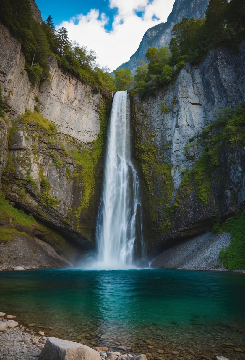 A majestic waterfall cascading down rocky cliffs into a clear pool below, surrounded by lush greenery and towering mountains
