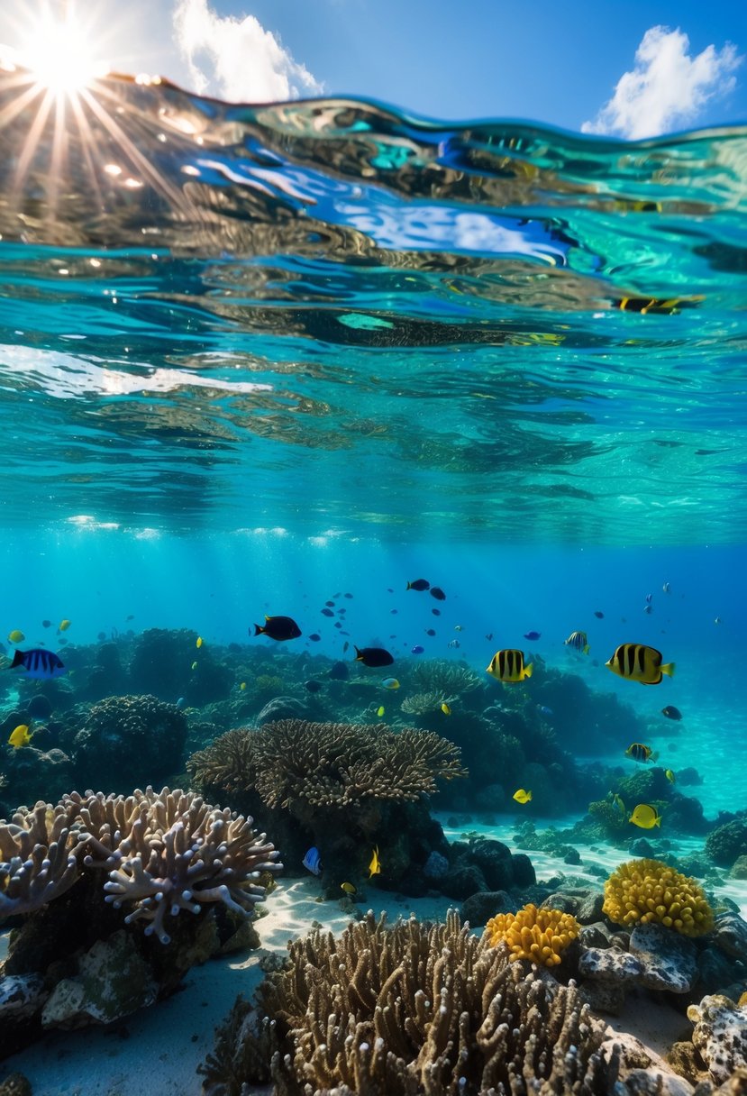 Crystal-clear waters reveal colorful coral and marine life at Nakupenda Beach, Zanzibar. Sunlight dances through the waves, creating a stunning underwater paradise