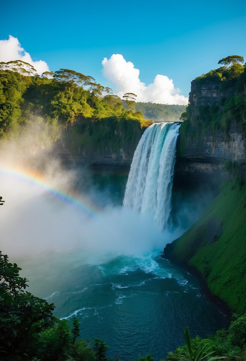 A breathtaking view of Kaieteur Falls, with mist rising from the cascading water and lush greenery surrounding the majestic waterfall