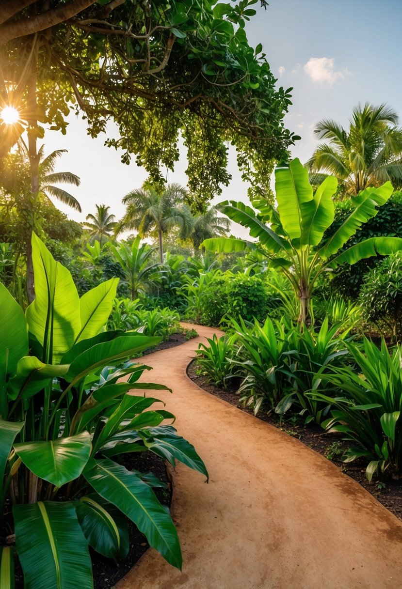Lush spice farm with vibrant plants and trees, winding paths, and a warm tropical atmosphere, perfect for a romantic honeymoon getaway
