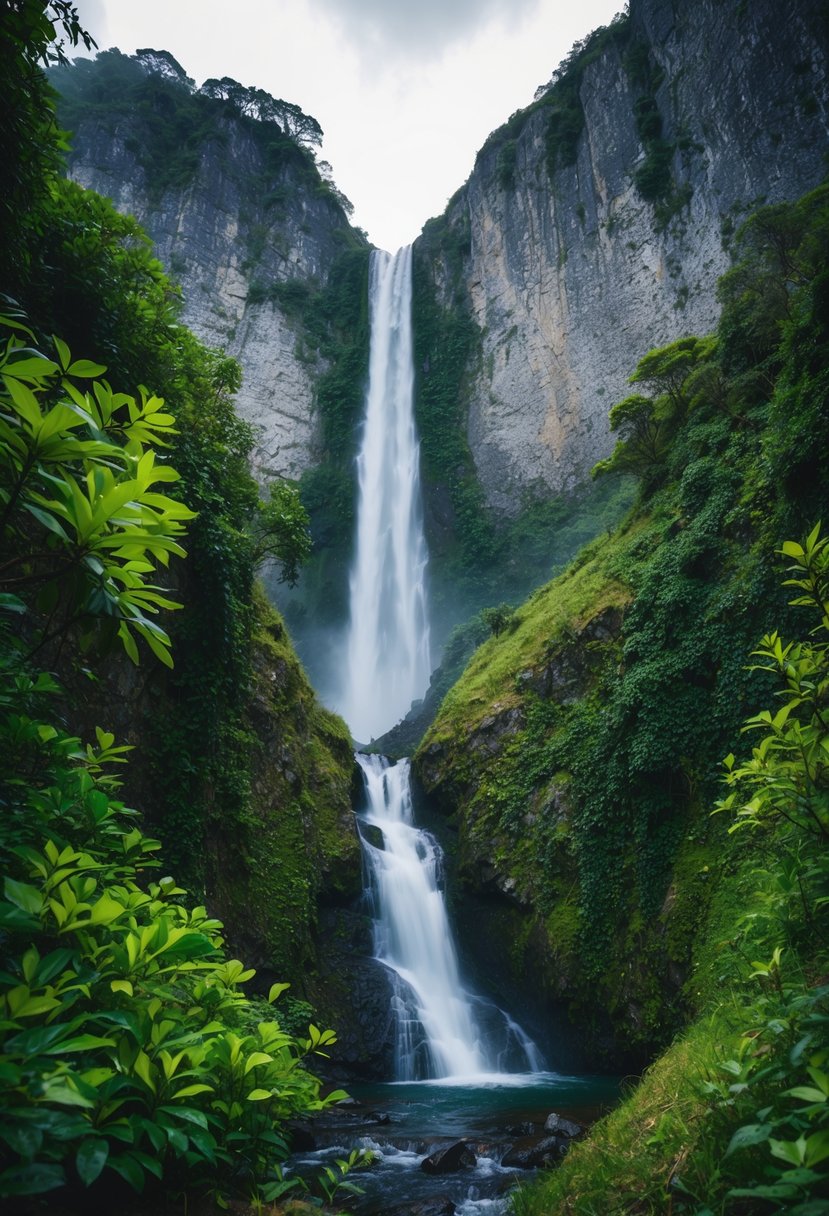 A lush, misty waterfall cascades over rocky cliffs, surrounded by dense green foliage and rugged terrain