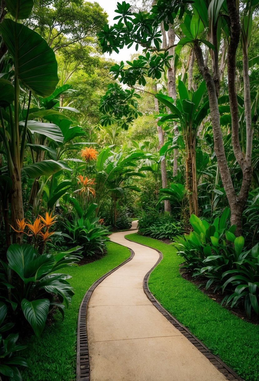 Lush forest with exotic flora and fauna, winding paths, and a tranquil atmosphere