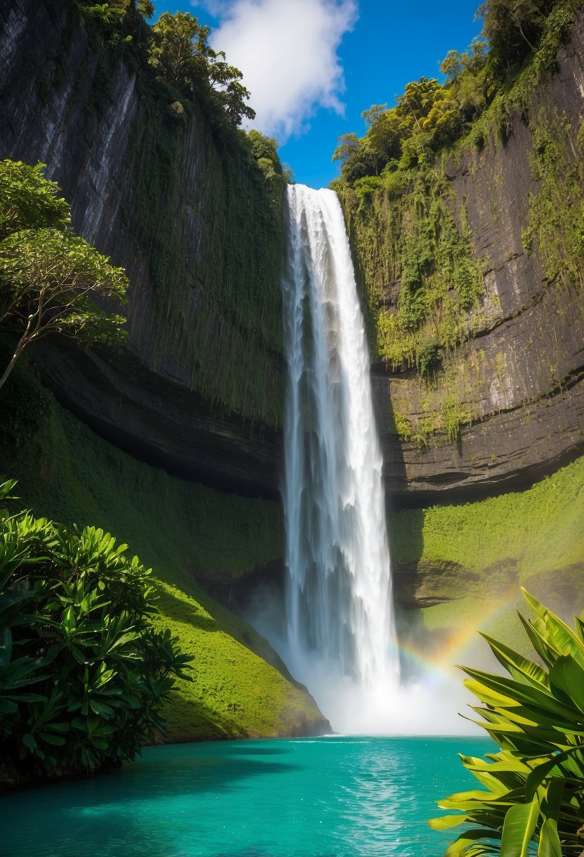 Majestic Angel Falls cascading over lush green cliffs into a crystal-clear pool below, surrounded by vibrant tropical foliage