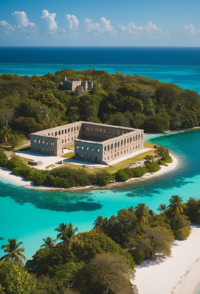 A remote island prison surrounded by turquoise waters and white sandy beaches, with lush greenery and historical ruins