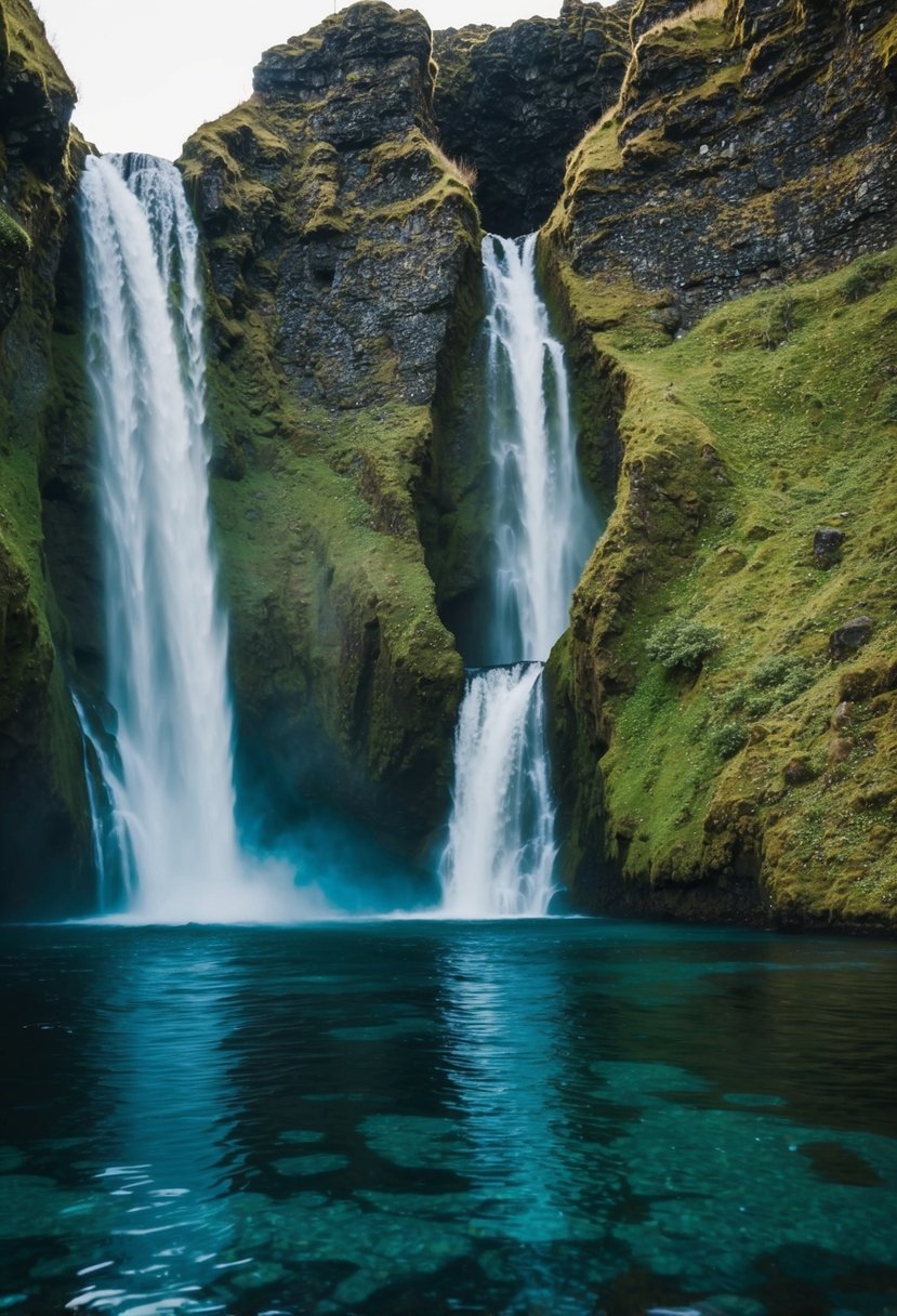 A secluded waterfall in Iceland, surrounded by lush greenery and clear blue water, perfect for a romantic honeymoon getaway