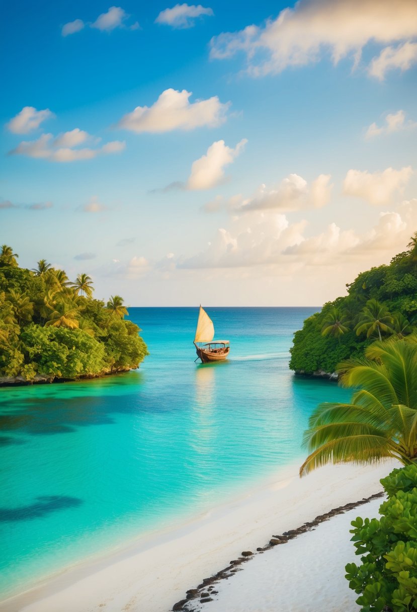 A tranquil, turquoise lagoon surrounded by lush greenery and white sandy beaches, with a traditional dhow boat sailing in the distance