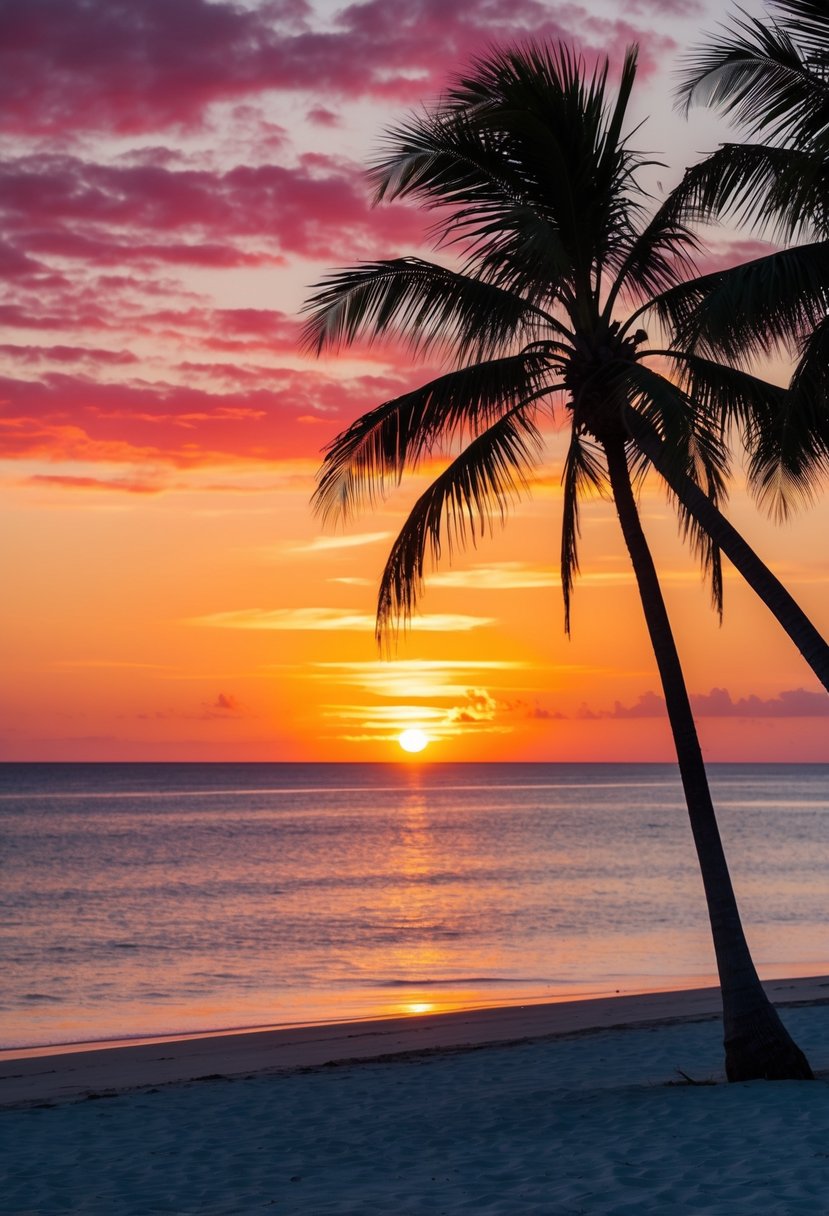 Vibrant sunset over Kiwengwa Beach, Zanzibar. Palm trees silhouette against the colorful sky, creating a romantic and serene atmosphere