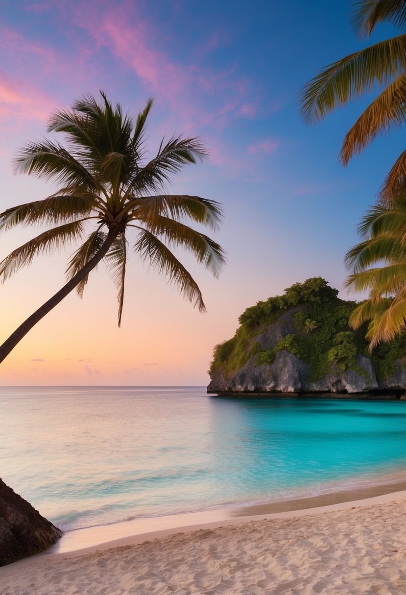 A serene beach at Kendwa Rocks, Zanzibar, with crystal clear waters, palm trees, and a colorful sunset