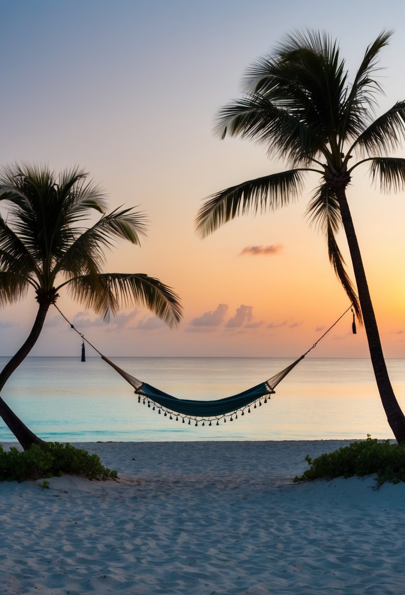 A secluded beach at sunset with a hammock, palm trees, and a calm, turquoise ocean