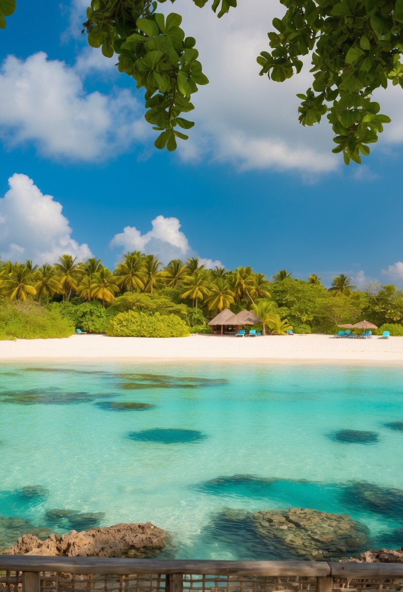 A serene beach on Chumbe Island, Zanzibar, with crystal-clear waters, lush greenery, and a colorful coral reef